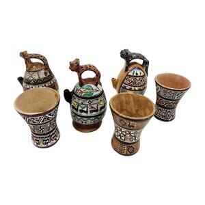 Lot of Chicha Jug Pitchers & Cups Pottery Cuzco Peru Inca Style Cat Animal VTG